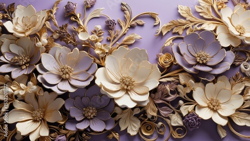 Artistic Floral Arrangement with Lavender Background and Gold Details