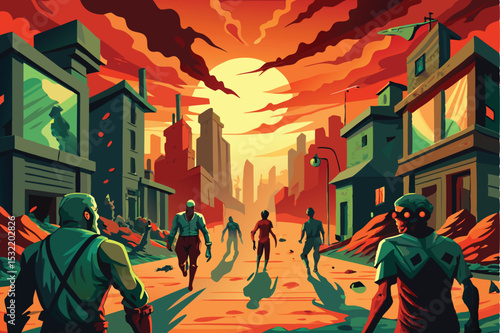 A vibrant, stylized illustration of a post-apocalyptic cityscape.