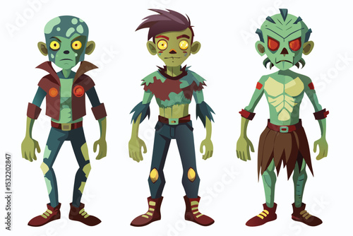 Three stylized cartoon zombies with different clothing and appearances.