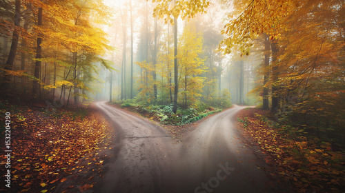 A forked road through golden autumn woods symbolizes life's choices in nature's quiet embrace.