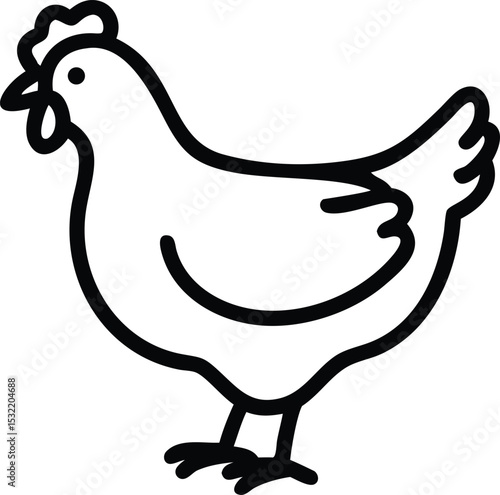 A simple black line drawing showcases a hen standing in profile view