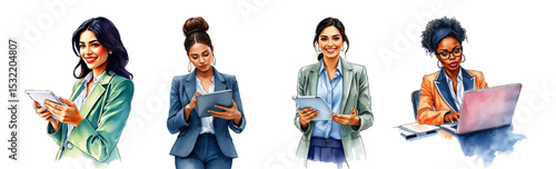 Watercolor-Style Business People Working on Laptops – Flat Vector Illustration Set of Employees Typing, Surfing Internet, and Remote Communication.