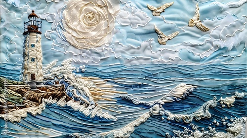 A detailed embroidery of a lighthouse by the sea with waves crashing and seagulls flying, on a light blue fabric.