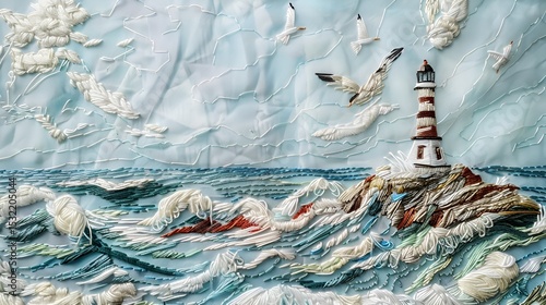 A detailed embroidery of a lighthouse by the sea with waves crashing and seagulls flying, on a light blue fabric.