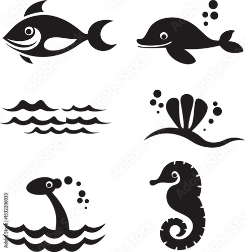 Collection of black and white marine animals silhouettes fish dolphin seashell seahorse and loch ness monster vector illustrations