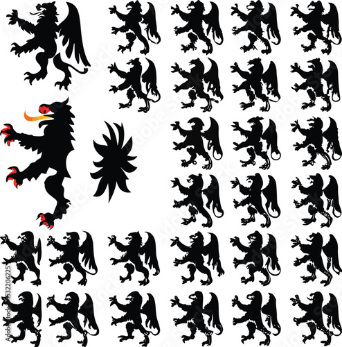 Collection of heraldic griffin silhouettes vector illustrations featuring winged mythological creatures medieval crest and emblem design elements