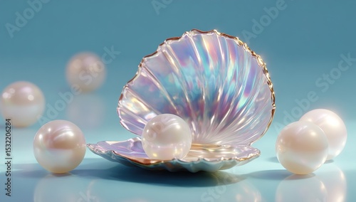 Luminous pearls nestled within an iridescent seashell on blue