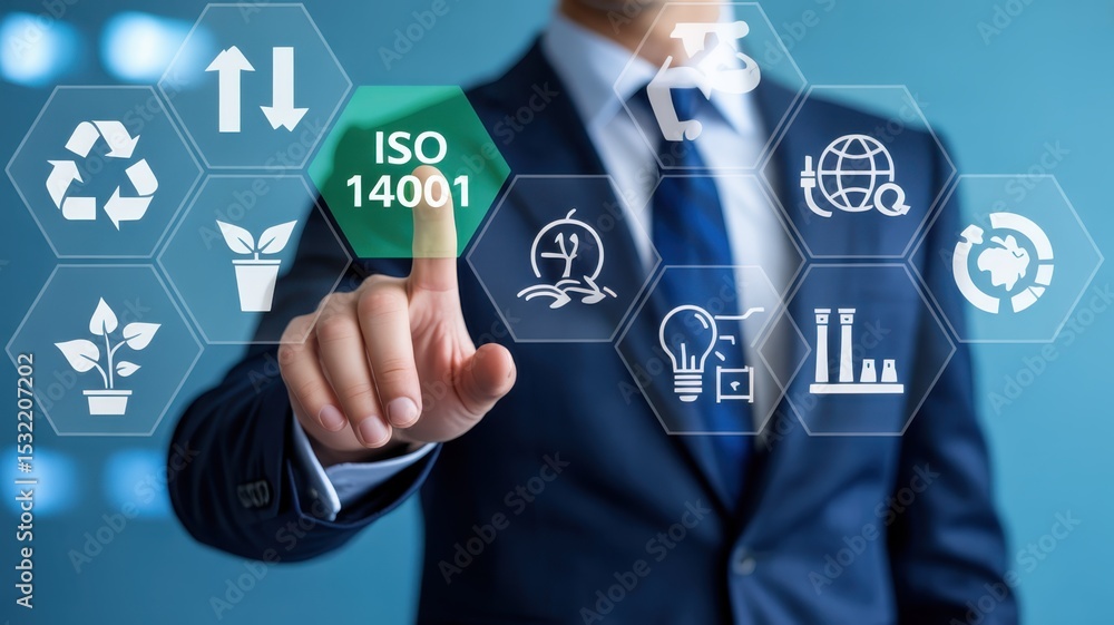 Businessperson interacting with a digital interface showing iso 14001 environmental management system. Businessperson interacting with a digital interface showing iso 14001 environmental management system.