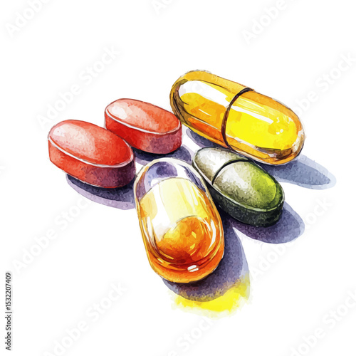 watercolor vector of Vitamin Supplements, isolated on a white background.