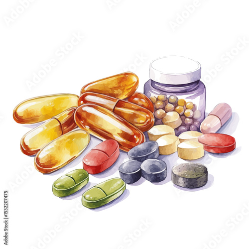 watercolor vector of Vitamin Supplements, isolated on a white background.