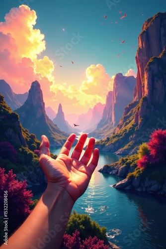 Wallpaper Mural A hand reaches into a vibrant, shifting landscape , landscape, surreal Torontodigital.ca