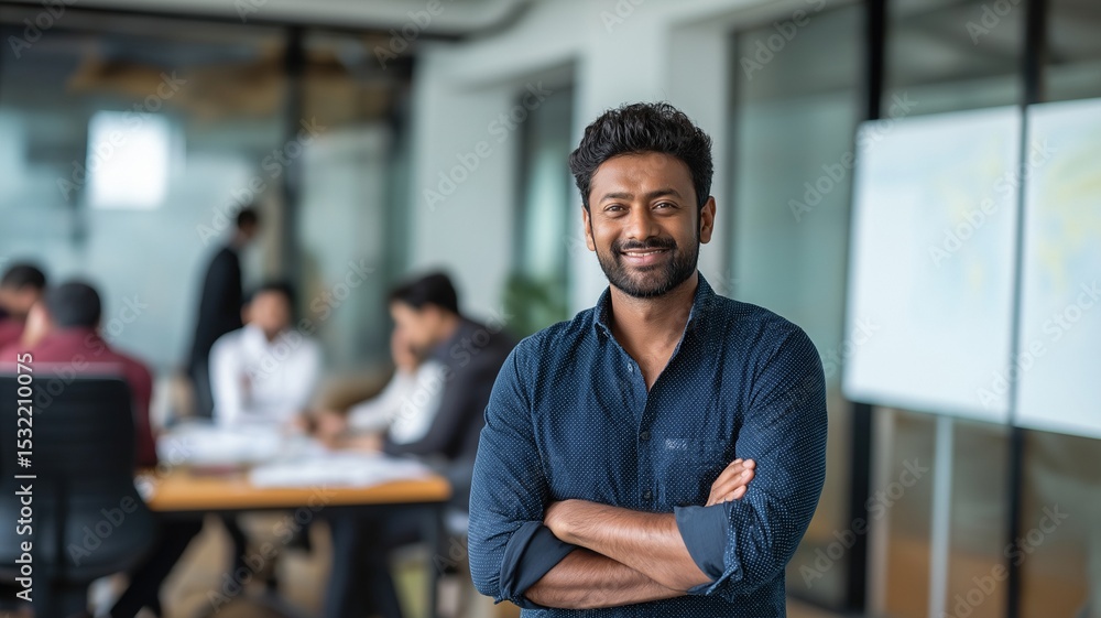 Fototapeta premium Indian startup looks at the camera with a smile. At a business meeting, the businessman exudes confidence.