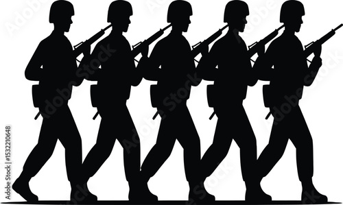 Silhouette of five soldiers marching in a row with rifles and helmets on a white background view