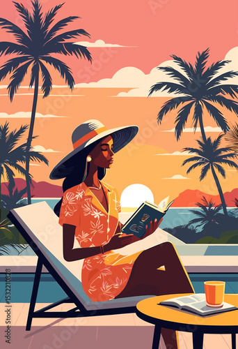 Woman Relaxing with a Book by the Poolside at Sunset with Palm Trees and Ocean View in Tropical Paradise