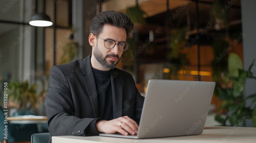 Young arabic manager is concentrating on his laptop in a modern office, showcasing professionalism and a tech-savvy work environment. Young arabic manager is concentrating on his laptop in a modern office, showcasing professionalism and a tech-savvy work environment.