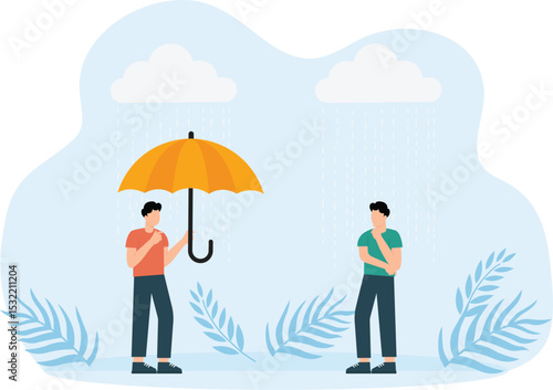 Dry boy is standing with an umbrella in rain and smiling, getting wet child in rainy weather.

