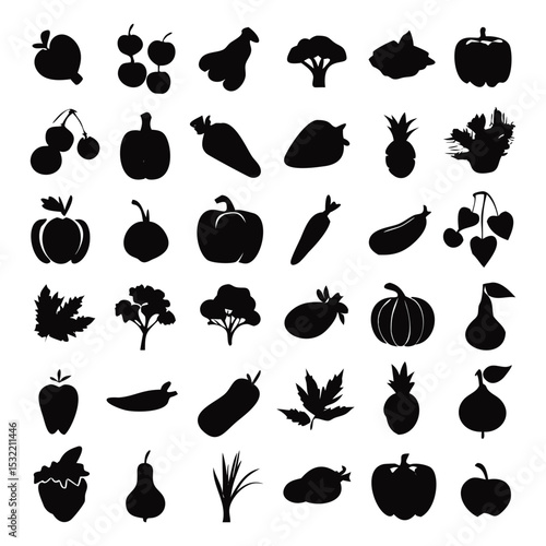 silhouettes of various fruits and vegetables against a white background. 