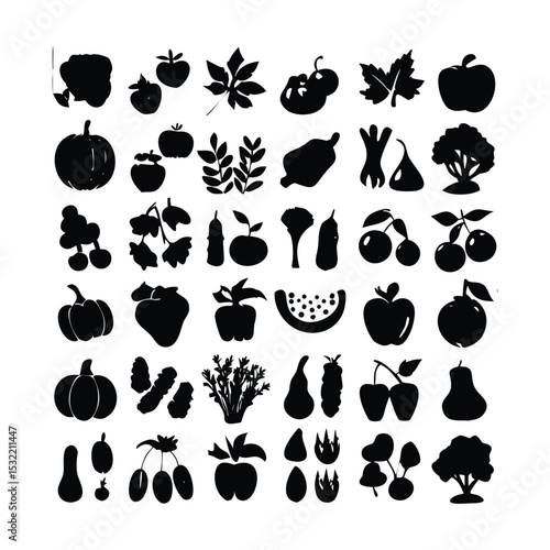 silhouettes of various fruits and vegetables against a white background. 