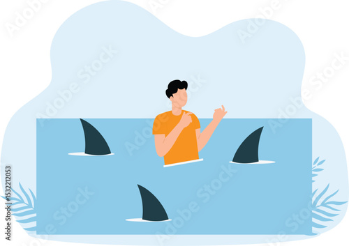 Unfriendly environment and frightened businessman is in water with sharks. Guy in office clothes and person in panic in trouble situation and stressful working

