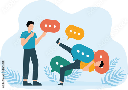 Hate speech and bullying and aggressive businessman yells at coworker throwing verbal bubbles at him. Aggressor and victim employee and conflict at work and trouble in work,