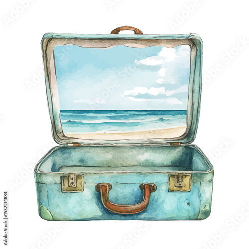 Vintage Suitcase Beach, watercolor clipart vector, high quality, isolated on a white background.