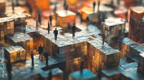 Fototapeta Naklejka Na Ścianę i Meble -  Tiny figures navigate a complex, multi-layered structure of interconnected cubes