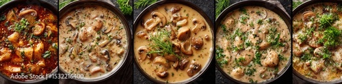 Five skillet dishes featuring creamy mushroom sauces and a spicy mushroom stew