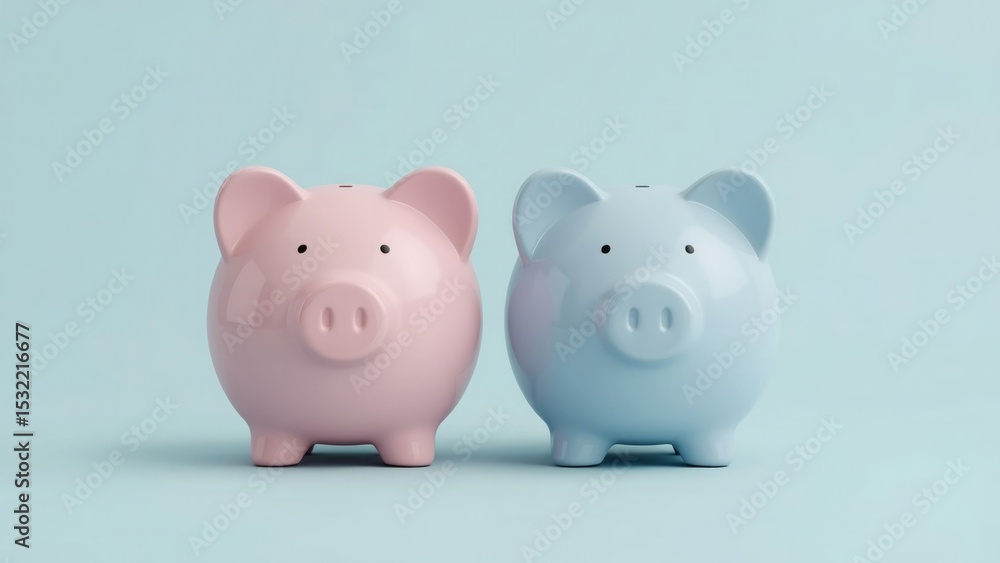 Two piggy banks pink and blue on light blue background savings concept Two piggy banks pink and blue on light blue background savings concept