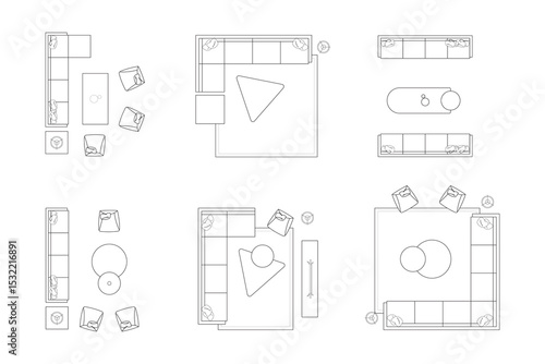 Collections Minimalist Sofa and Living Area Floor Plans. Vector Lines Black on White Background. 2