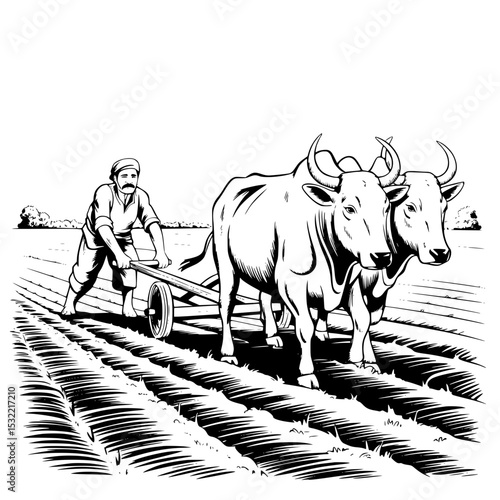 "Traditional Indian Farmer Ploughing Field with Oxen – Black and White Line Art"