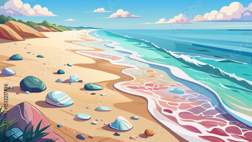 A very beautiful beach shoreline graces Nags Head in North Carolina. The Outer Banks shore, with seafoam touches and scattered shells, invites close-up vector art in soft pastels.

