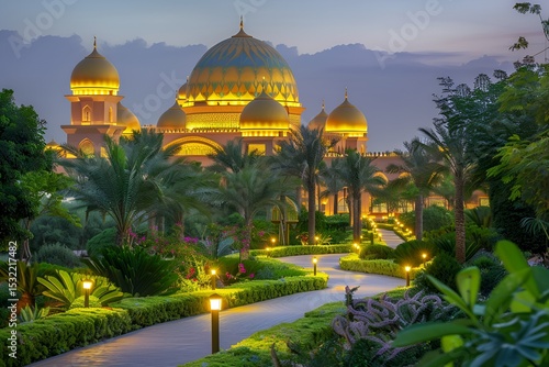 The Emirates Palace at dusk, with the last light of day reflecting off the golden domes, surrounded by lush gardens and gently illuminated pathways. 40k, full ultra hd, high resolution