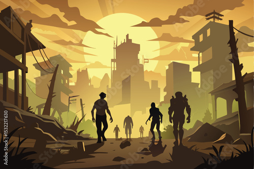 A post-apocalyptic illustration depicts a deserted city shrouded in a muted, golden sunset.