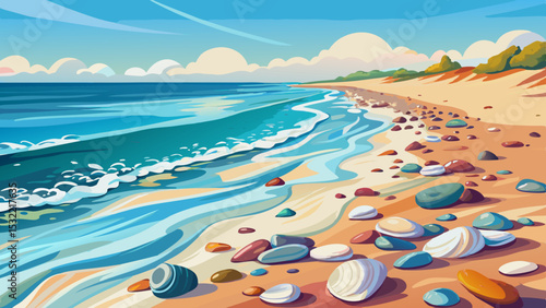 A very beautiful beach shoreline graces Nags Head in North Carolina. The Outer Banks shore, with seafoam touches and scattered shells, invites close-up vector art in soft pastels.

