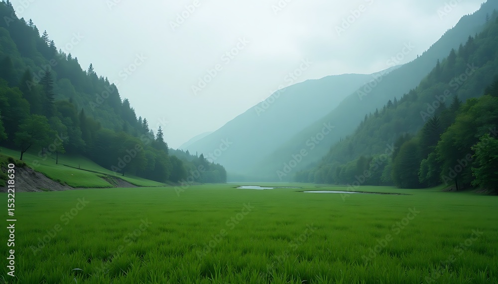 Fototapeta premium Green valley landscape with forest hills on a foggy day. No people.