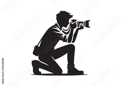 A man is crouching down and taking a picture with a camera Silhouette Vector