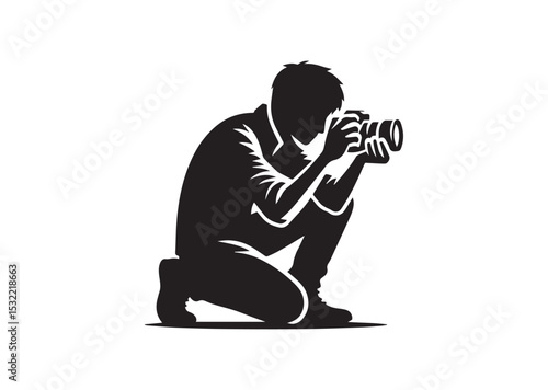 A man is crouching down and taking a picture with a camera Silhouette Vector