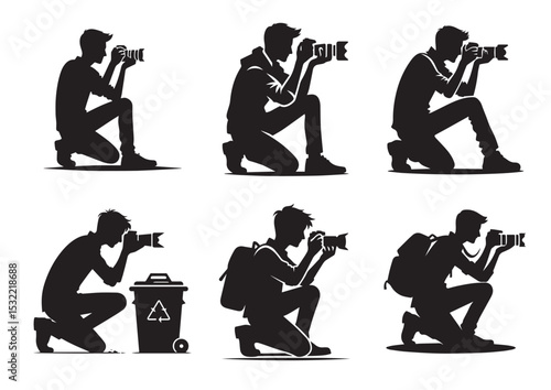 A man is crouching down and taking a picture with a camera Silhouette Vector Set