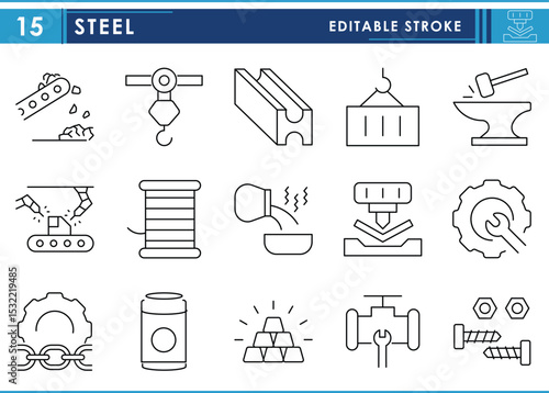 A set of line icons related to Steel. Metal, works, container, industrial, molten, welding, and so on. Vector editable stroke.