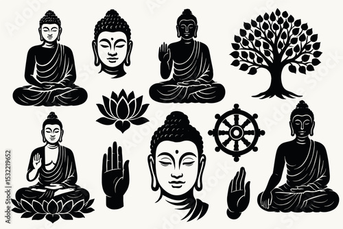 Buddha Silhouette Vector Set Meditation Symbols Spiritual Art and Icons