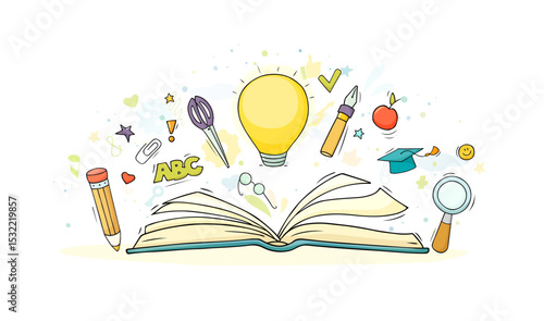 Creative sketch of idea concept with doodle open book, light bulb, stationery. Vector hand drawn illustration of school education, brainstorm, success solutions