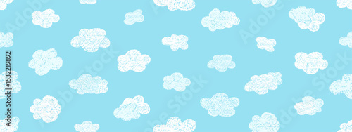Crayon icons of weather, clouds in sky. Seamless pattern with doodle clouds in chalk texture. Cute summer weather background drawn with crayon pencils, kid vector illustration