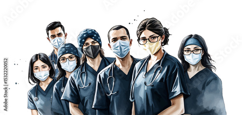 Watercolor Style – Celebrating Success in Healthcare: Doctors and Nurses Applauding Teamwork and Achievement | Vector Illustration

