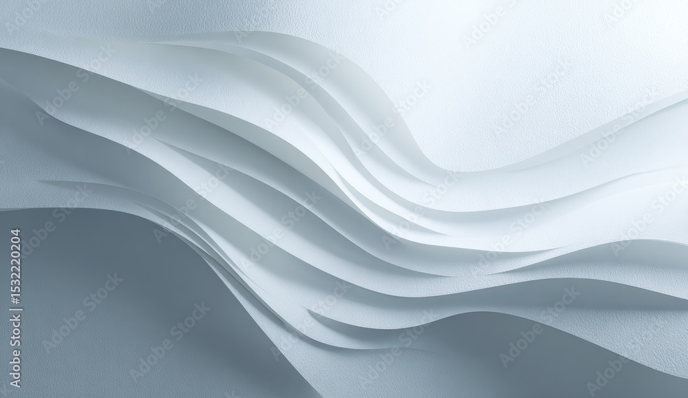 Obraz premium Abstract image of flowing, undulating white paper sheets creating a wave-like, three-dimensional pattern against a light gray background. Subtle lighting emphasizes the curves and textures