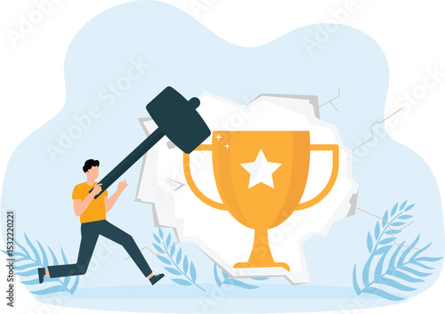Overcoming problems destroy wall and smashes an obstacle with hammer path to success, striving for goal career growth and achievement of target concept

