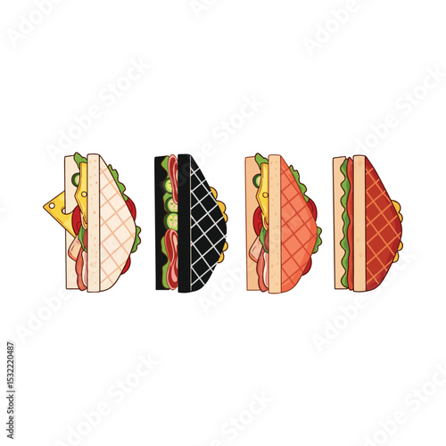 Four Delicious Sandwich Halves with Various Bread Styles Art & Illustration
