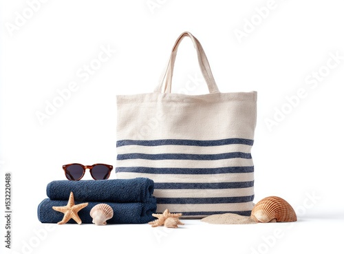 Cream canvas tote bag with navy stripes, beside folded dark blue towels, sunglasses, and seashells on white background