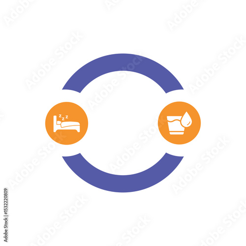 Vector art of circular icon set isolated on white background shows sleep and hydration symbols in orange circles with a blue circular border