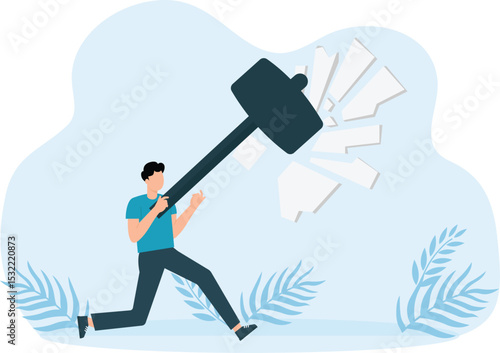 Business people destroy walls and smash obstacles in different ways and break concrete and brickwork and glass. Men hard path to success and nowadays concept
