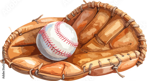 Vector illustration of red and white baseball equipment set with bat and ball, isolated on white background.
